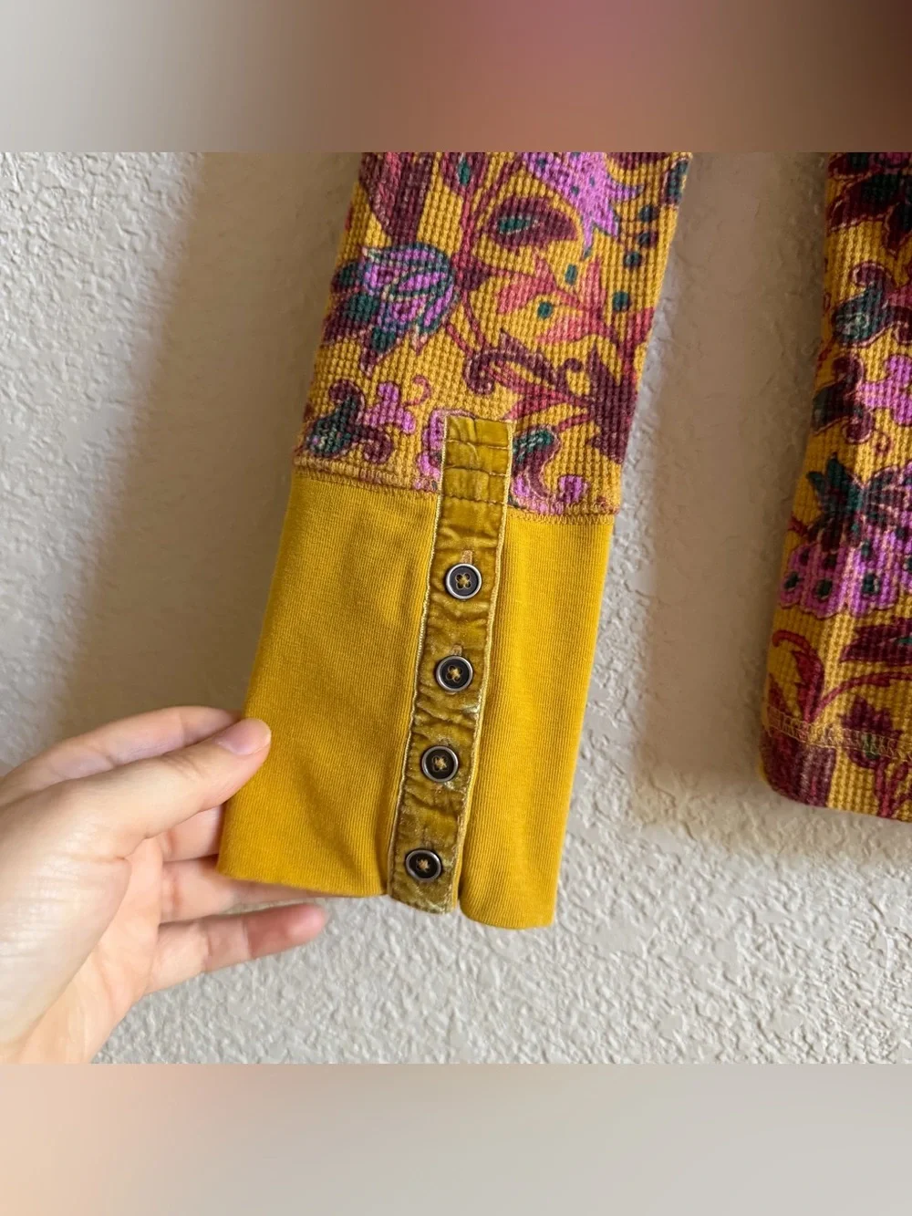 Sundance Roseanne Thermal Top Floral Waffle Knit Top Ochre Yellow Petite Small